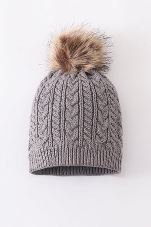 Grey cable knit pom pom beanie hat baby toddler adult