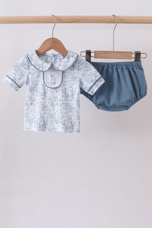 Navy bunny embroidery peter pan collar bloomer set