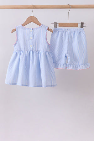 Blue seersucker bow smocked ruffle shorts set