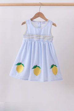 Blue lemon embroidery seersucker dress