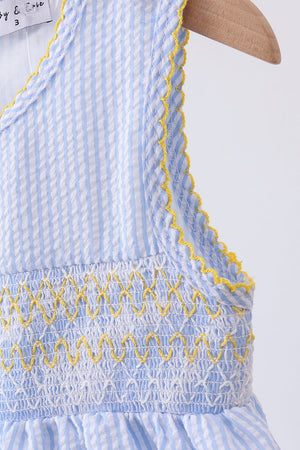 Blue lemon embroidery seersucker dress