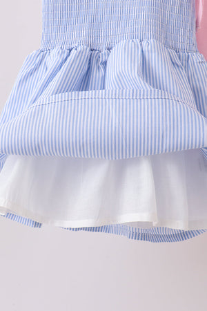 Blue Stripe Bow Smocked Seersucker Ruffle Shorts Set