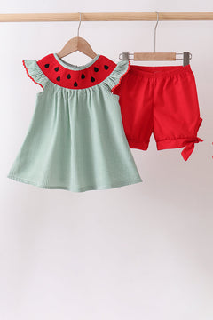 Green Watermelon Stripe Smocked Embroidered Seersucker Set
