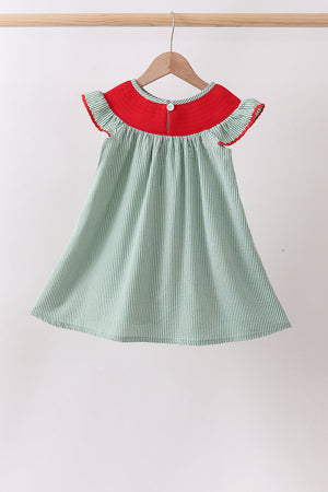 Green Watermelon Stripe Smocked Embroidered Seersucker Dress