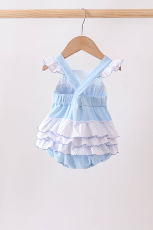 Blue Bow Smocked Embroidered Jacquard Bubble