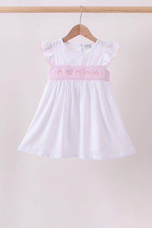 White Bow Smocked Jacquard Dress