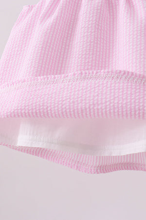 Pink stripe seersucker strawberry smocked bloomer set