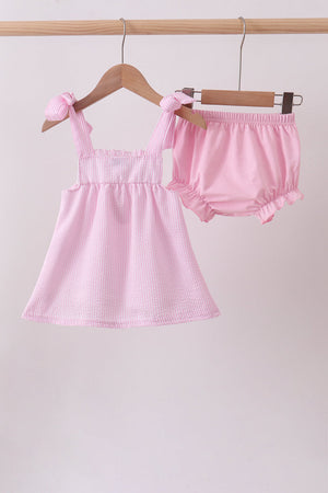 Pink stripe seersucker strawberry smocked bloomer set