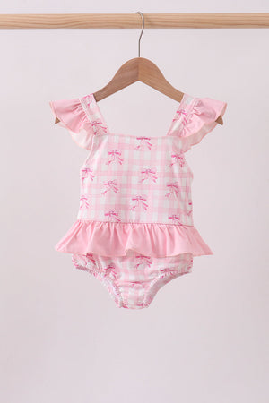 Pink bow print ruffle one-piece swimsuit