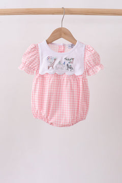 Pink Gingham Animal Embroidered Bubble