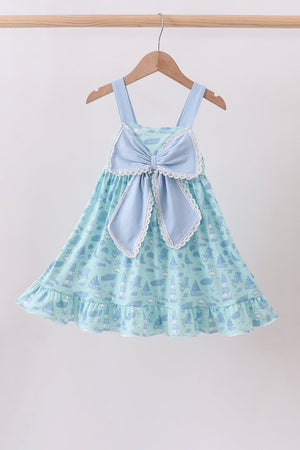 Blue beach print bow ruffle dress
