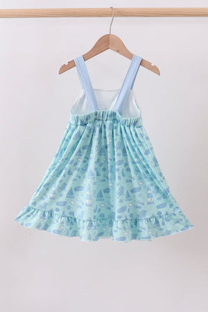 Blue beach print bow ruffle dress