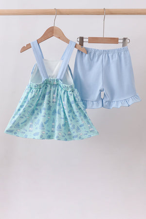 Blue beach print bow ruffle shorts set