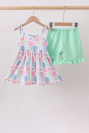 Green Bow Checkered Ruffle Shorts Set