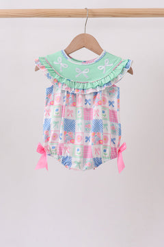 Green Bow Embroidered Checkered Bubble