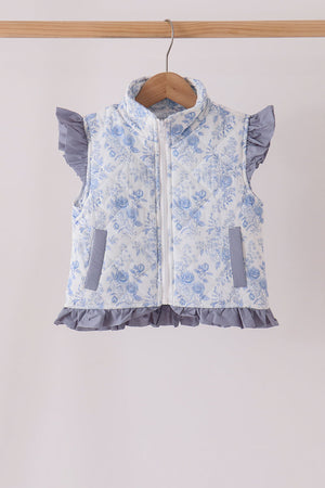 Blue floral ruffle vest