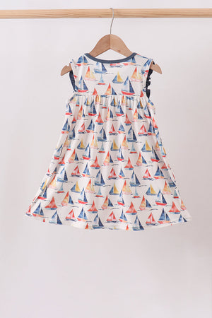 Blue Sailboat Embroidered Dress