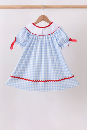 Blue School Bus Smocked Gingham Dress