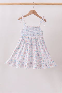 Blue Floral Smocked Ruffle Dress
