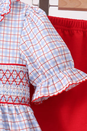 Blue Apple Embroidered Plaid Ruffle Shorts Set