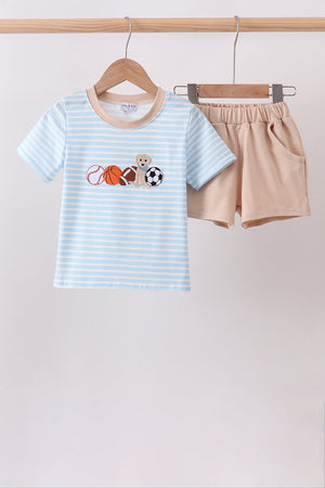 Blue Puppy Ball Embroidered Stripe Shorts Set