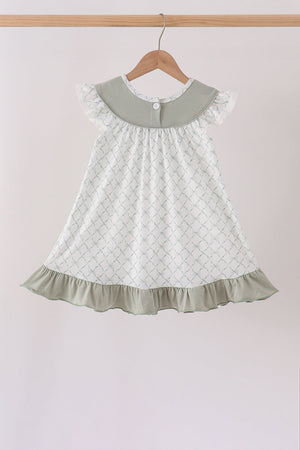 Sage pumpkin embroidery bow ruffle dress