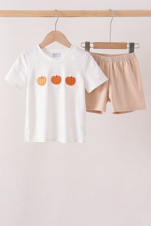 Khaki Pumpkin Embroidery Shorts Set