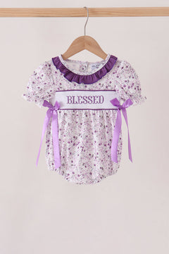 Purple floral blessed smocked ruffle bubble
