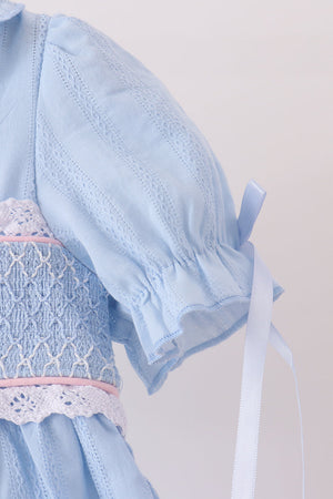 Blue Floral Smocked Lace Ruffle Dress