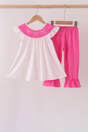 Pink bow pearl ruffle pants set