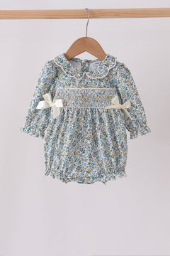 Sage Floral Smocked Bow Bubble