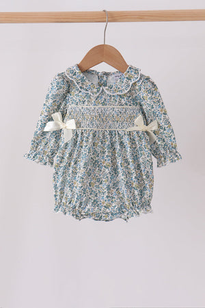 Sage Floral Smocked Bow Bubble