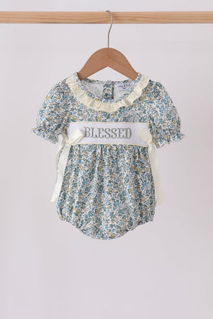 Sage Floral Blessed Smocked Ruffle Bubble