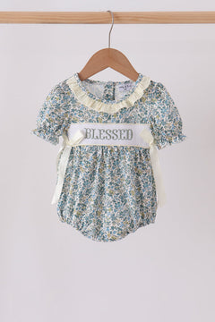 Sage Floral Blessed Smocked Ruffle Bubble