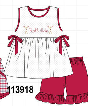 Red Alabama Roll Tide Embroidery Ruffle Shorts Set