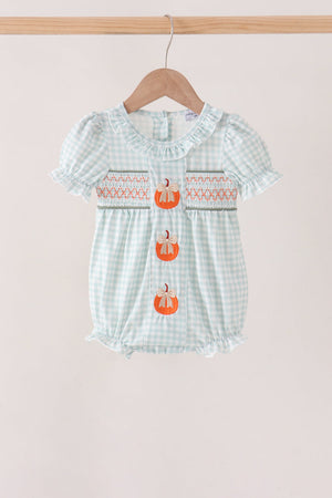 Sage pumpkin smocked gingham bubble