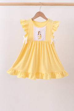 Mustard character embroidery ruffle dress