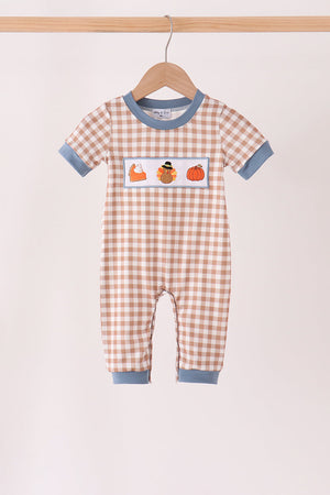 Brown turkey pumpkin embroidery gingham romper