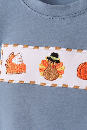 Blue turkey pumpkin embroidery gingham pants set