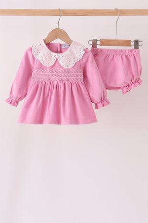Pink corduroy lace smocked bloomer set