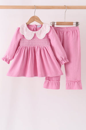Pink corduroy lace smocked ruffle pants set