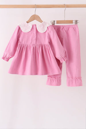 Pink corduroy lace smocked ruffle pants set