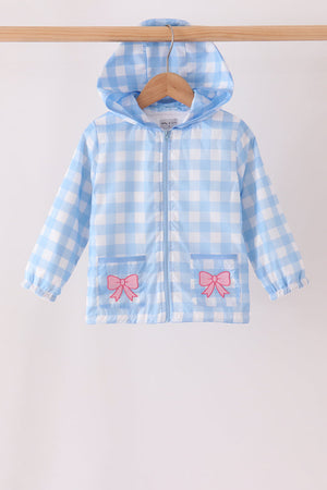 Blue bow embroidery gingham raincoat