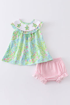 Green Turtle Embroidered Bloomer Set