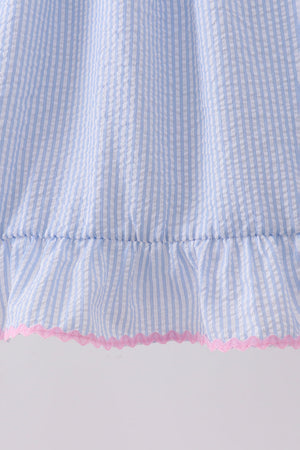 Blue Bow Embroidered Stripe Ruffle Dress