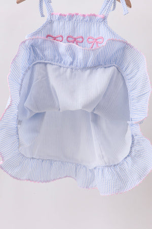 Blue Bow Embroidered Stripe Ruffle Dress