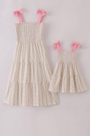 Pink lemon print bow smocked tiered mom&me dress