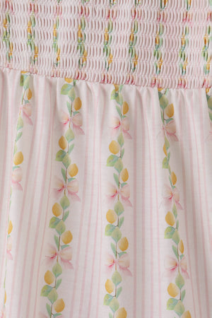 Pink lemon print bow smocked tiered mom&me dress