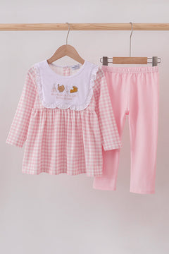 Pink plaid print turkey embroidery girl set