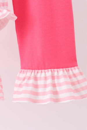 Pink Stripe Princess Embroidery Ruffle Pants Set